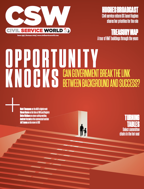 The cover of CSW's autumn issue. The image on the cover is an illustration of an adult and a child standing at the top of a flight of stairs, silhouetted against an open door, with light streaming through. The headline is "opportunity knocks"